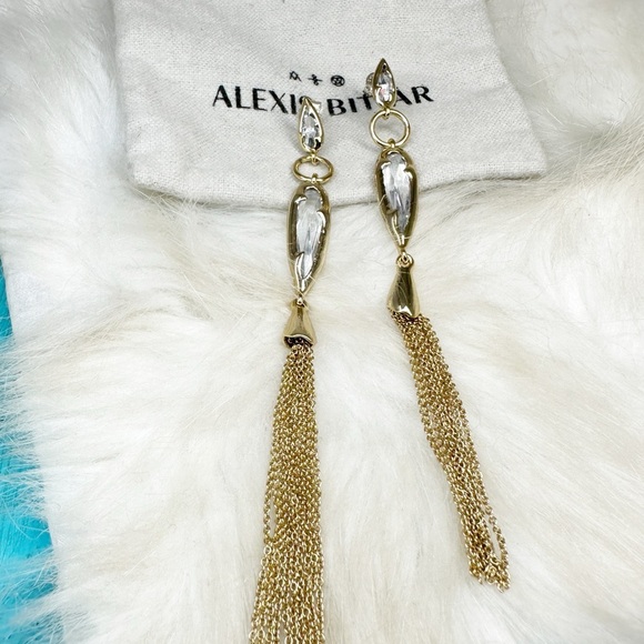 Alexis Bittar Gold Crystal Long Tassel Earrings Post Gold Plate NWOT 4 1/2" - Picture 8 of 10